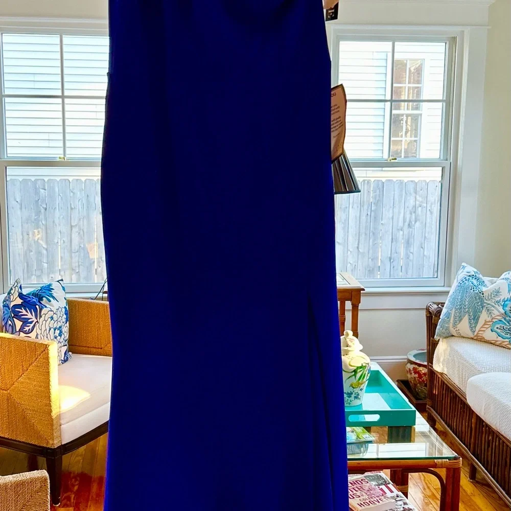 Xscape Cobalt Blue Floral One-Shoulder Maxi Dress